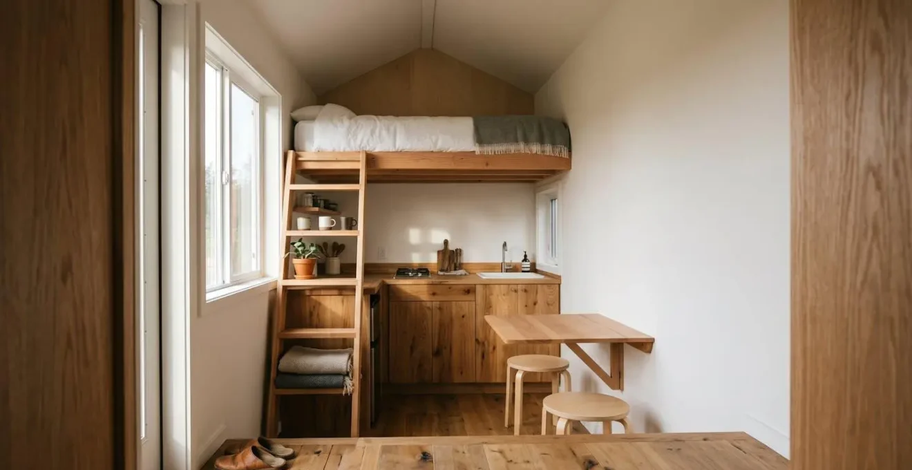 Wide-angle view of compact minimalist tiny house interior showing efficient spatial design and natural lighting