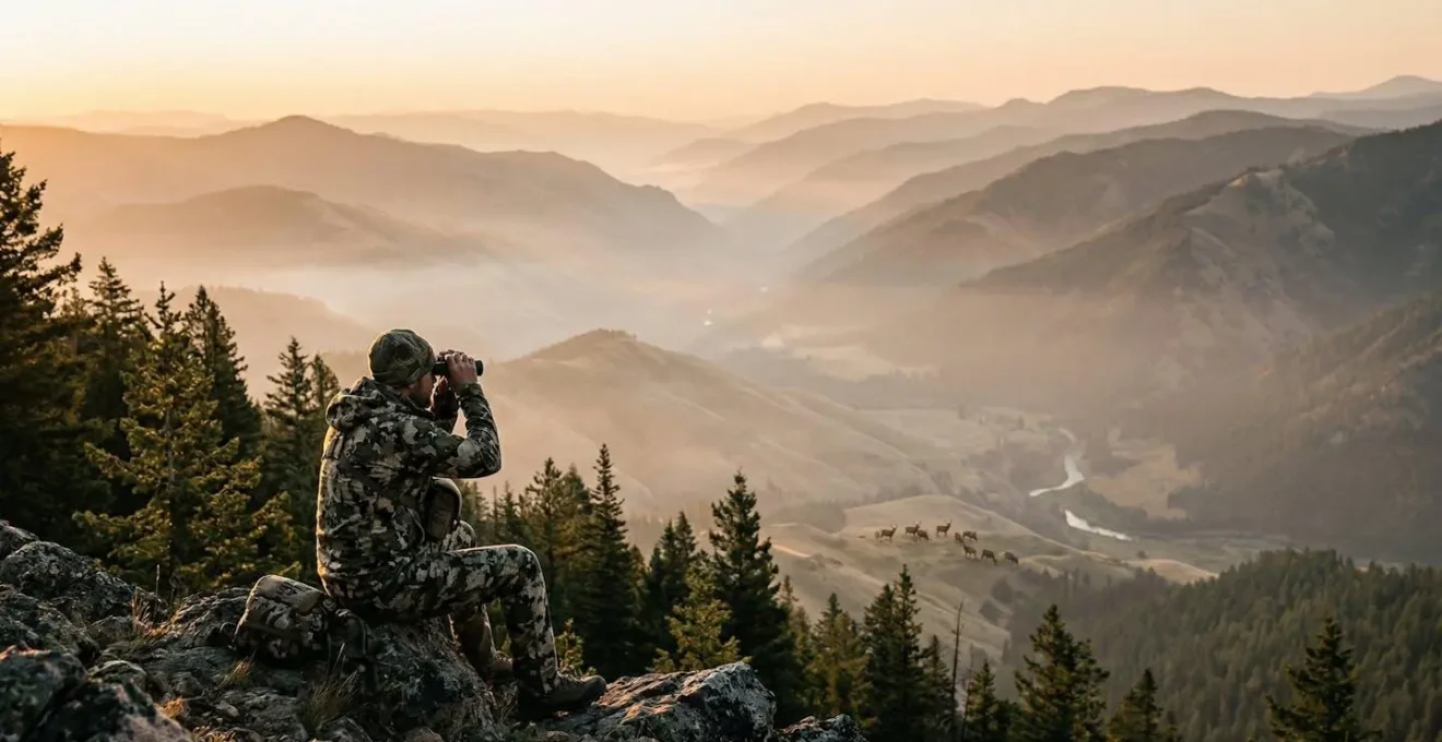 Wildlife tracker observing rare species from distance in pristine natural environment