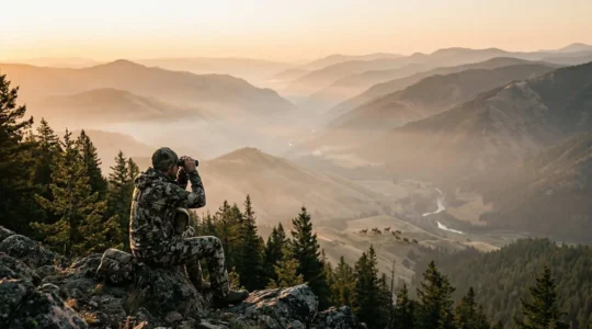 Wildlife tracker observing rare species from distance in pristine natural environment