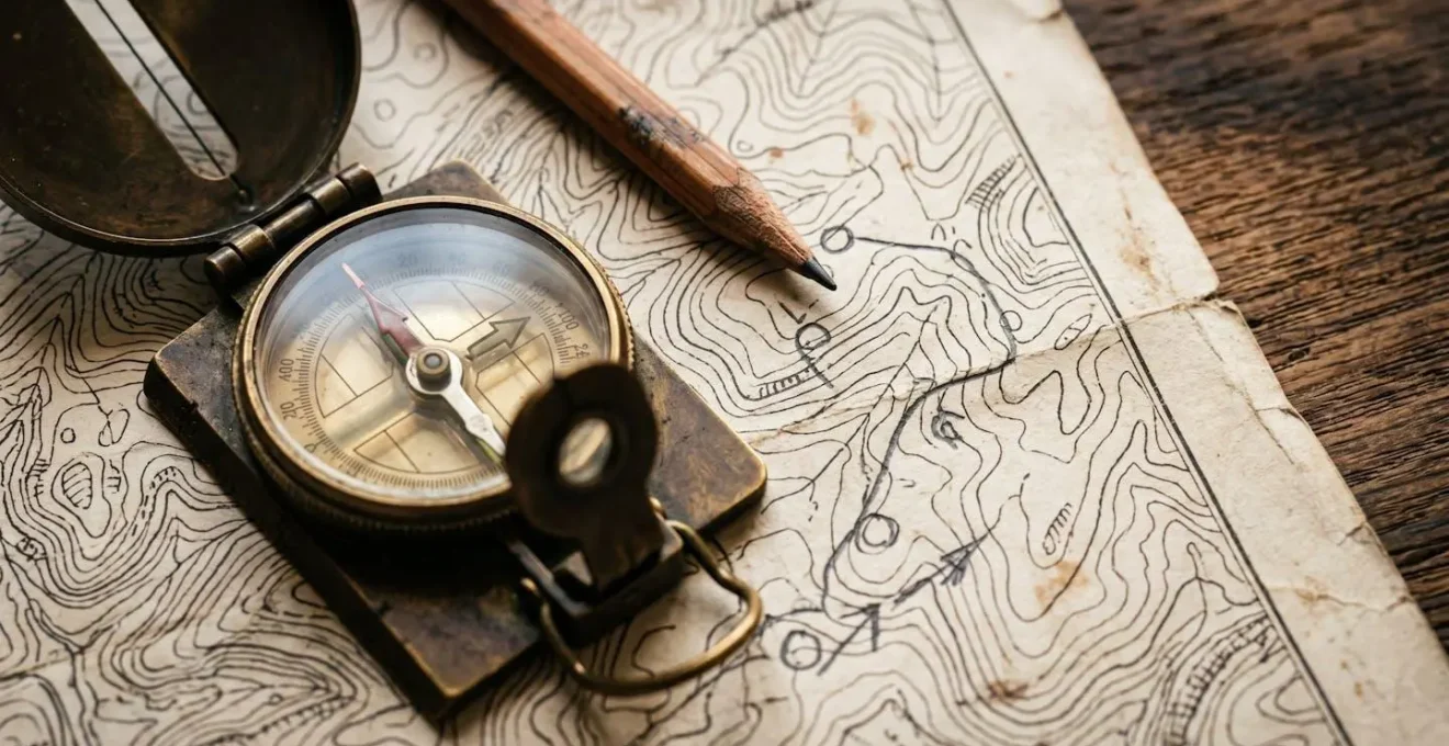 Detailed topographic map and analog navigation tools laid out for trip planning preparation