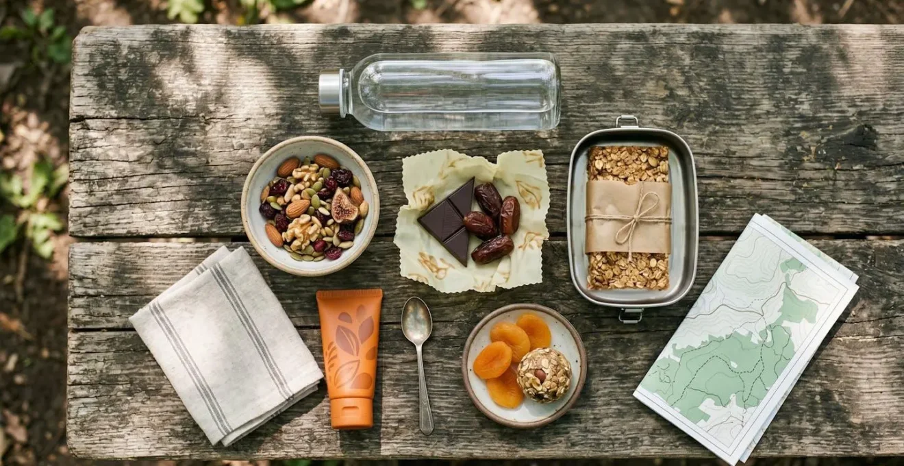 Hiker taking nutrition break with healthy trail snacks and hydration system