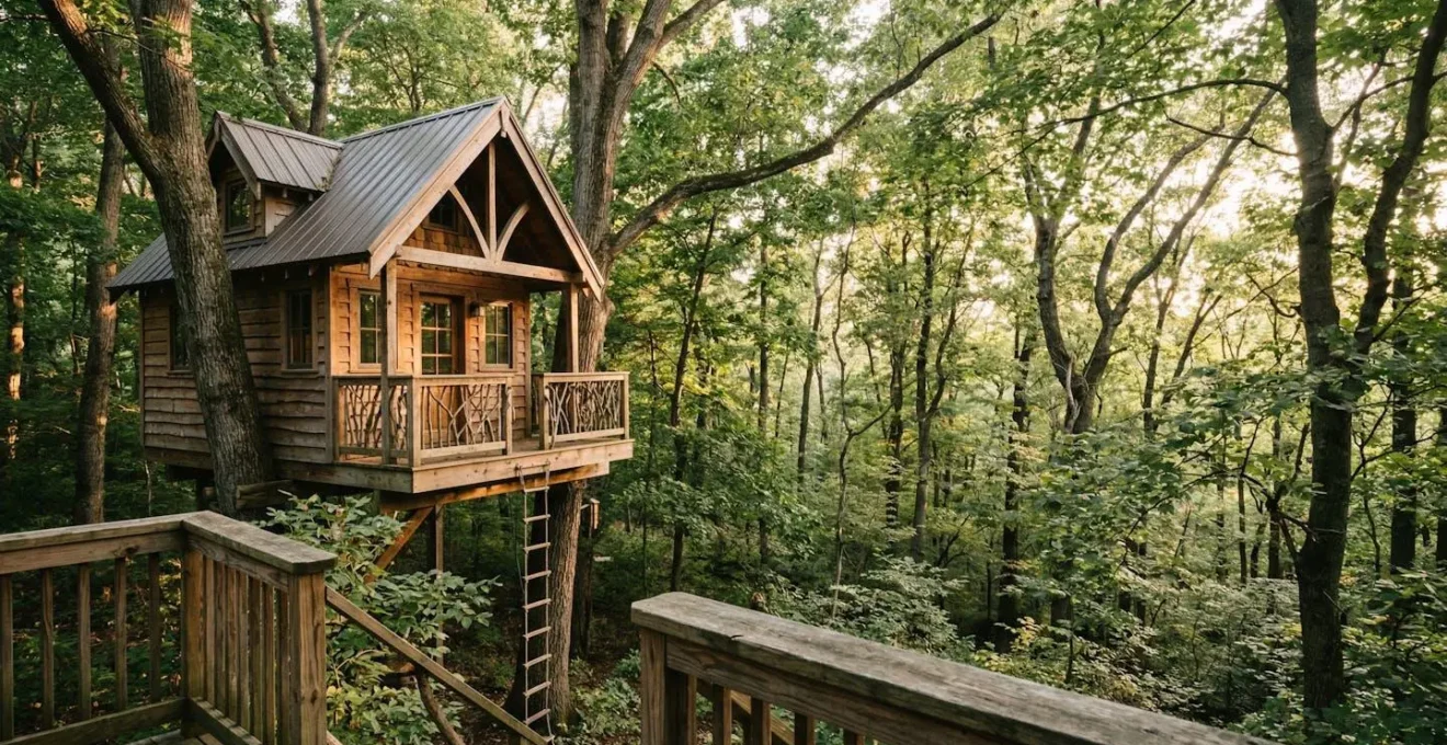 Family treehouse cabin nestled in forest canopy with secure railings and natural wooden construction, emphasizing safety features for children and pets