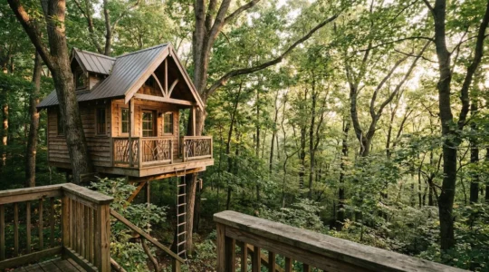 Family treehouse cabin nestled in forest canopy with secure railings and natural wooden construction, emphasizing safety features for children and pets