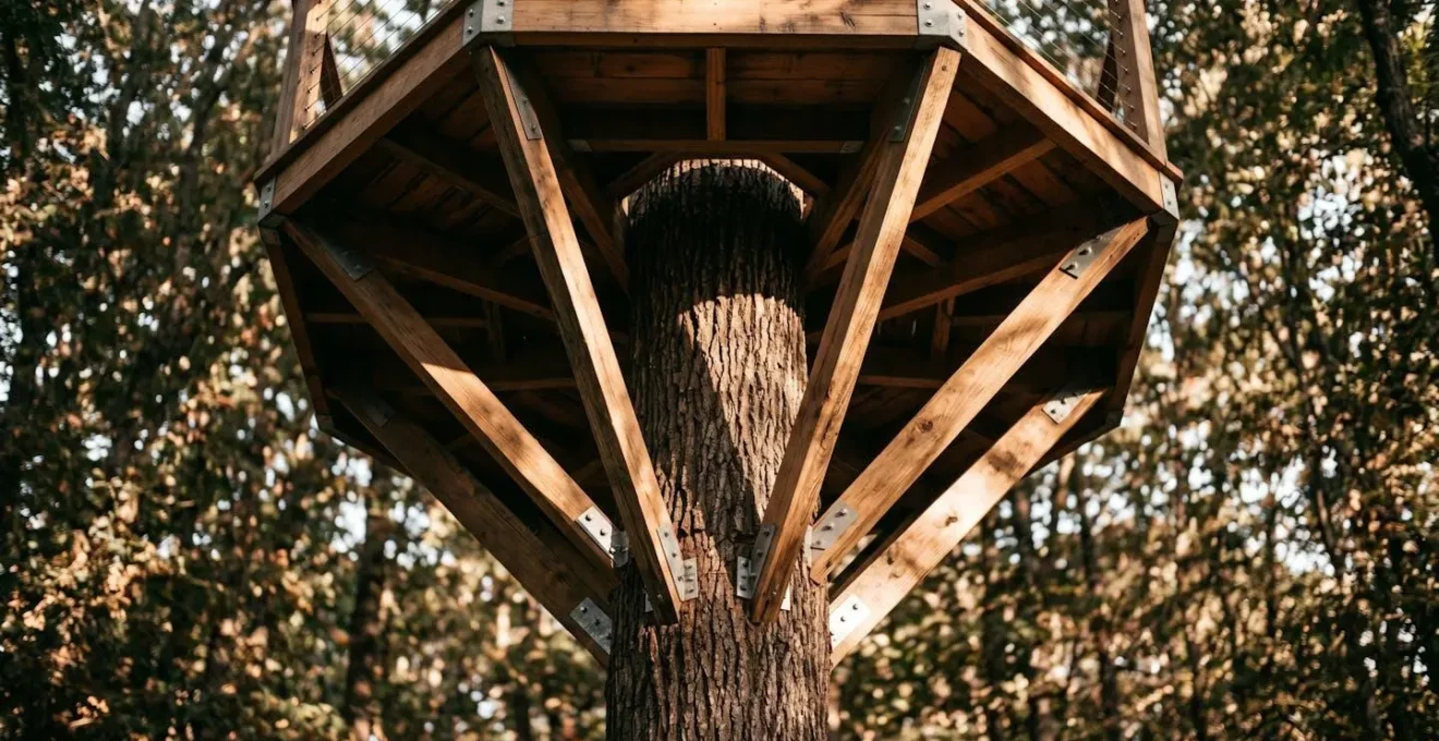 Symmetrical view of treehouse structural beams and support system showing engineering integration with living tree trunk