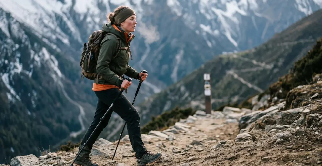 Trekker demonstrating controlled breathing technique during mountain ascent with focused expression