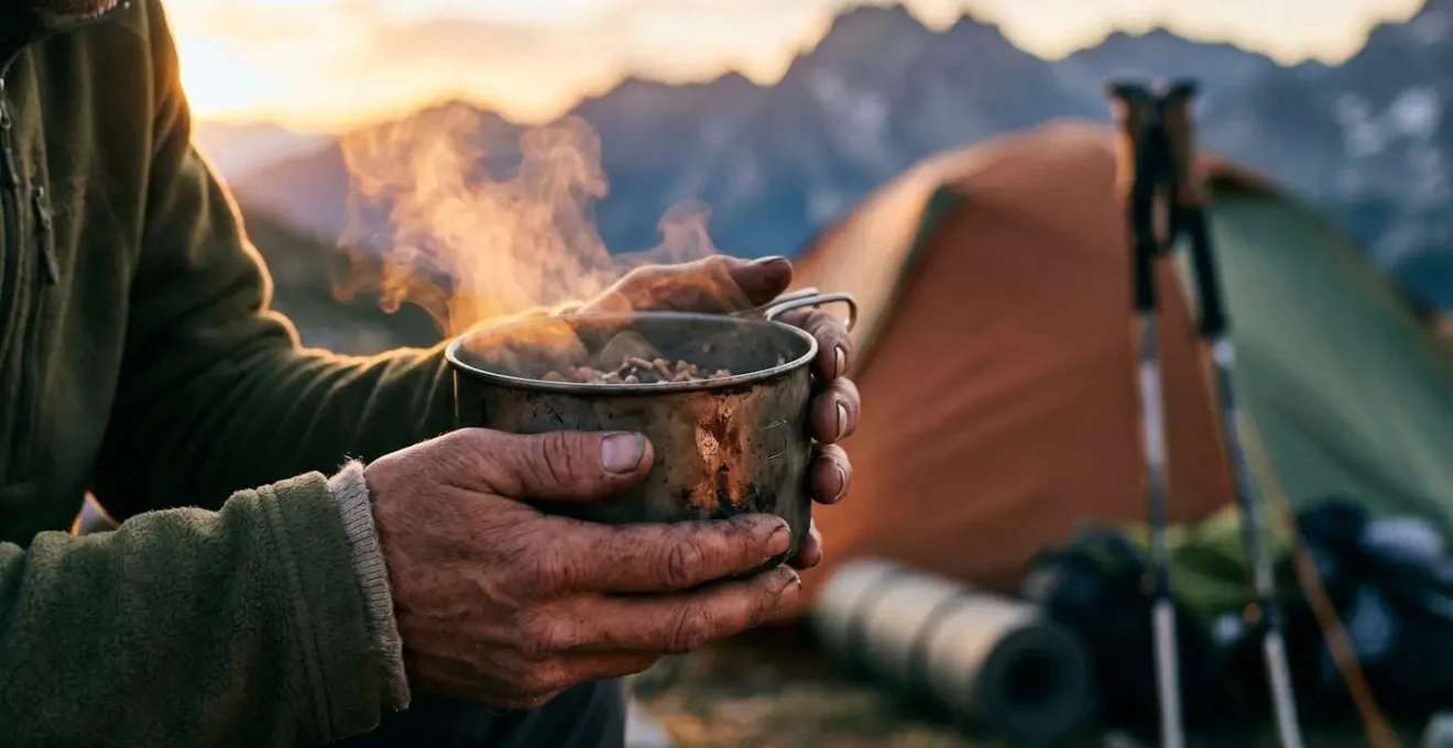 Hiker consuming nutrient-dense trail meal from cookpot at alpine campsite during golden hour