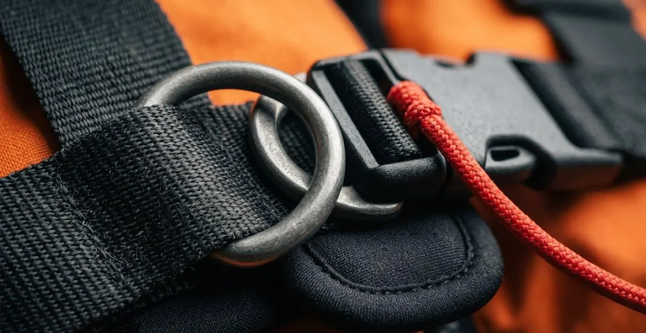 Close-up detail of Type V rescue PFD showing quick-release harness mechanism and O-ring attachment