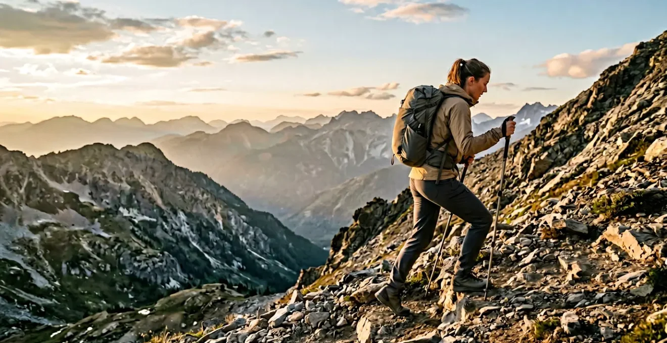 Ultralight backpacker ascending mountain trail with proper hiking form and minimal pack weight