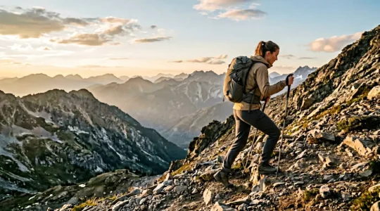 Ultralight backpacker ascending mountain trail with proper hiking form and minimal pack weight