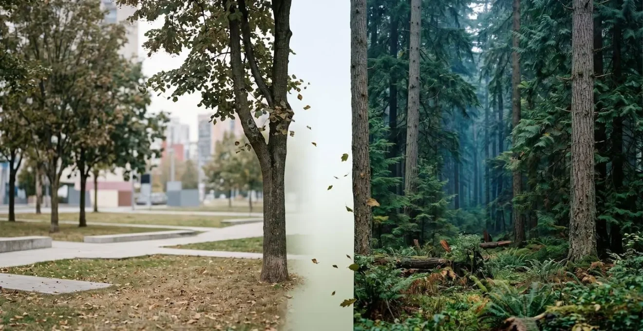 Split visual metaphor contrasting sparse urban park trees with dense old-growth coniferous forest canopy to illustrate phytoncide concentration differences