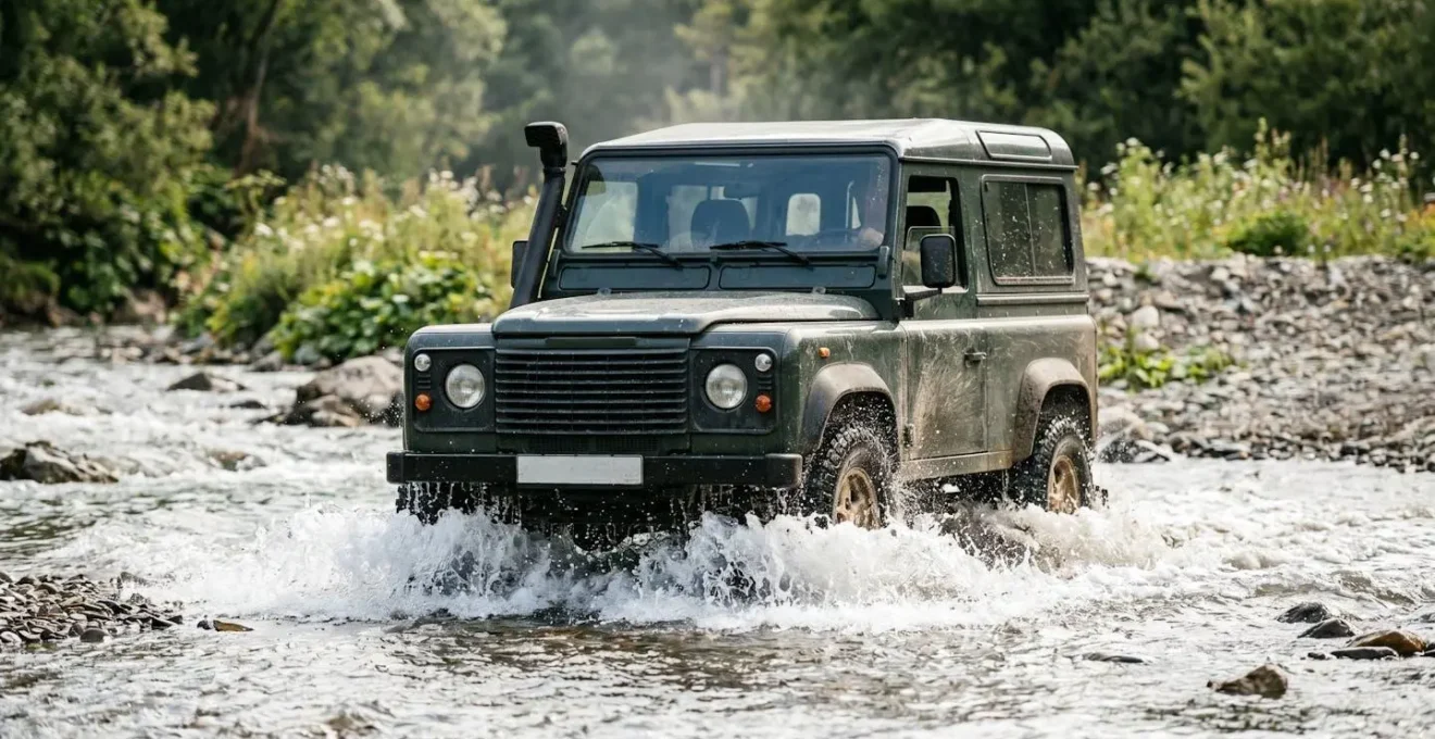 4x4 vehicle creating controlled bow wave during water crossing technique