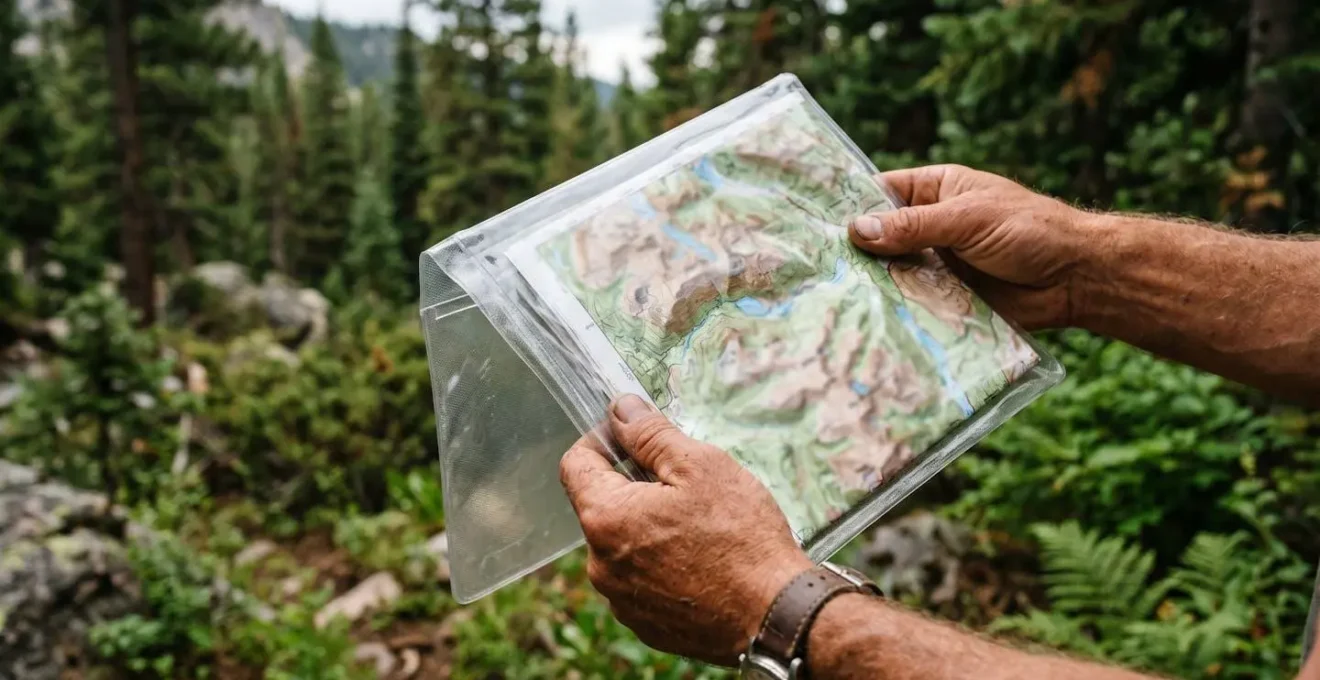 Close-up of hands holding laminated topographic map in protective waterproof case outdoors
