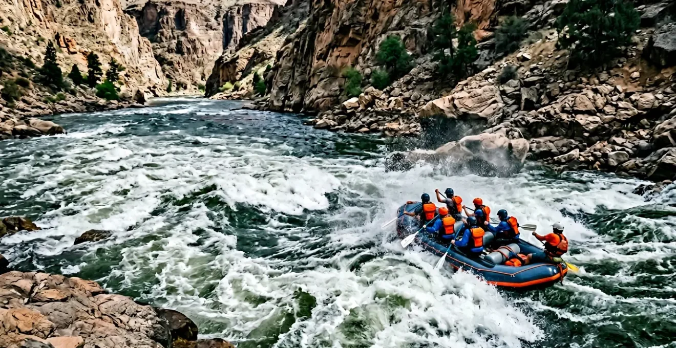 Whitewater rafting team navigating intense rapids with powerful hydraulic formations
