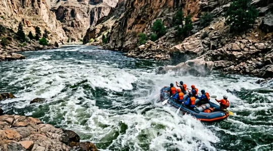Whitewater rafting team navigating intense rapids with powerful hydraulic formations