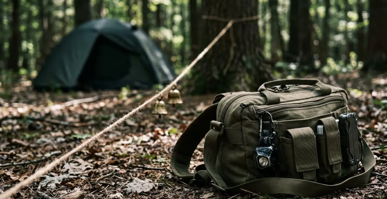 Layered wilderness camp security system with natural alarm elements arranged around tent perimeter