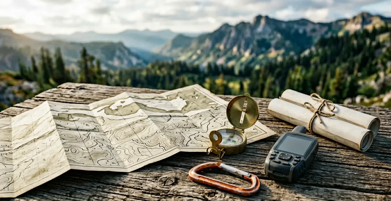 Professional expedition planning scene showing navigation equipment and permit documentation in natural wilderness environment