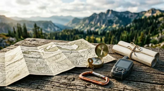 Professional expedition planning scene showing navigation equipment and permit documentation in natural wilderness environment