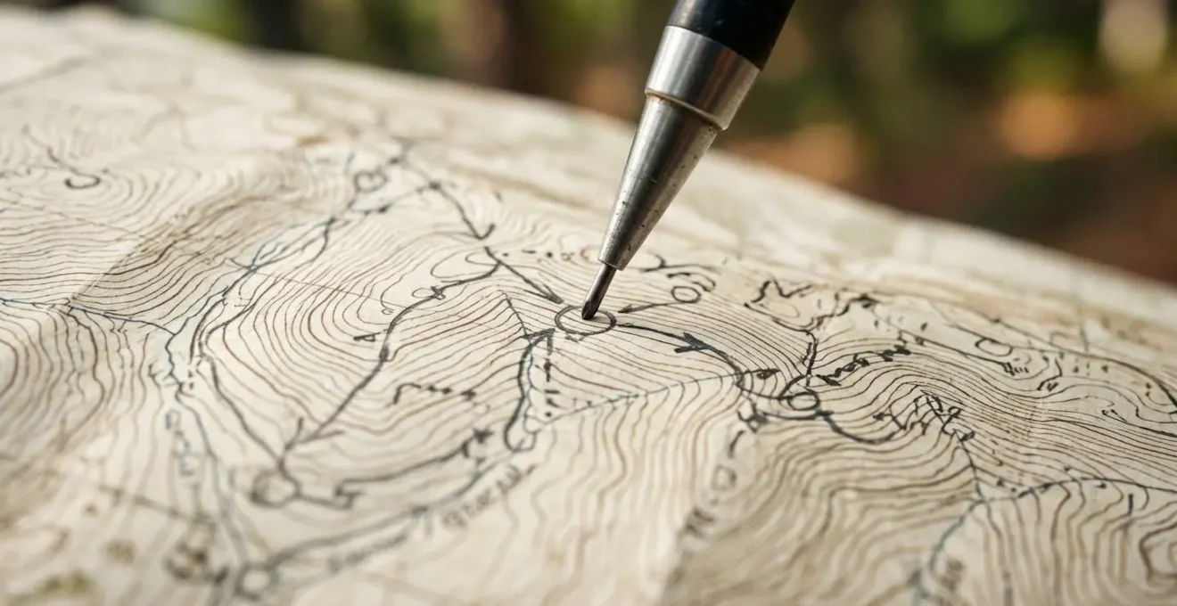 Macro detail view of topographic map with marked decision waypoints and natural outdoor lighting