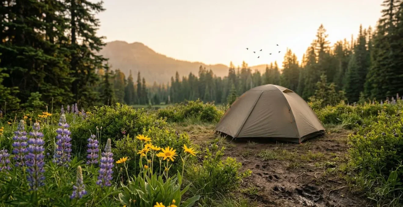 A serene wilderness scene showing the delicate balance between camping and native biodiversity preservation