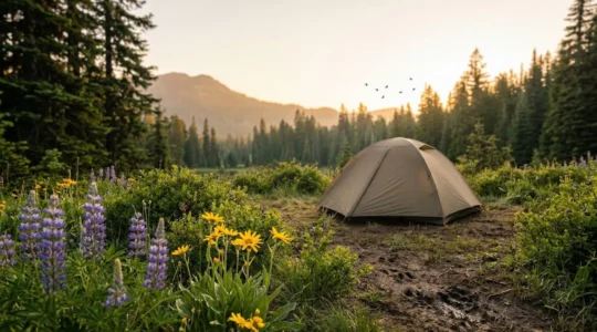 A serene wilderness scene showing the delicate balance between camping and native biodiversity preservation