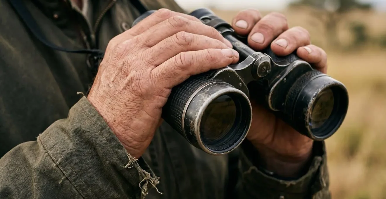 Close-up of hands steadying professional binoculars with savanna landscape reflection in lenses
