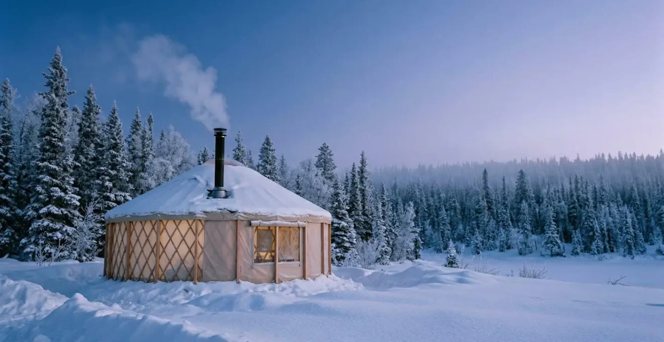 A snow-covered traditional yurt standing in a pristine winter landscape with wisps of smoke rising from the central chimney, surrounded by frost-covered evergreens under soft twilight