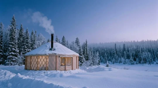 A snow-covered traditional yurt standing in a pristine winter landscape with wisps of smoke rising from the central chimney, surrounded by frost-covered evergreens under soft twilight