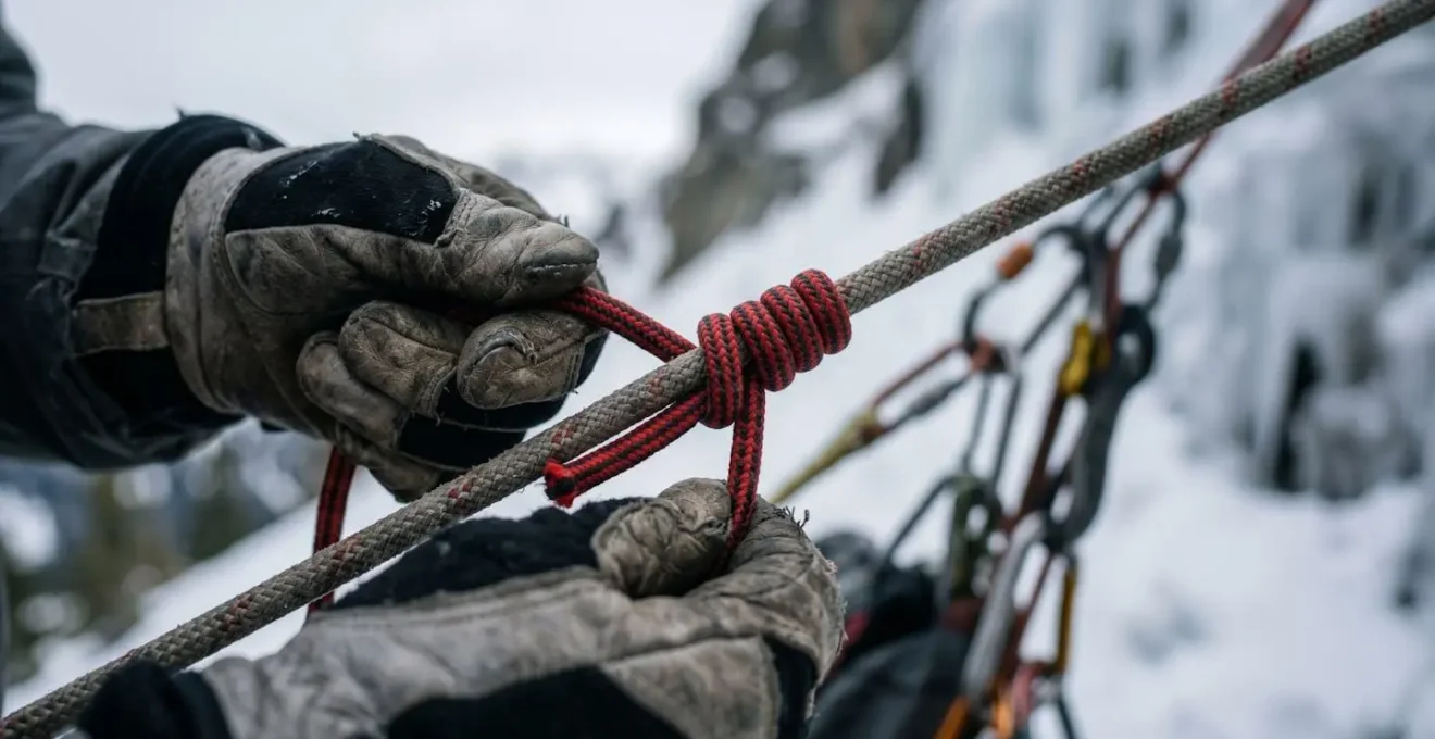 Close-up view of climber's gloved hands assembling z-pulley haul system with prusik loops and carabiners on glacier
