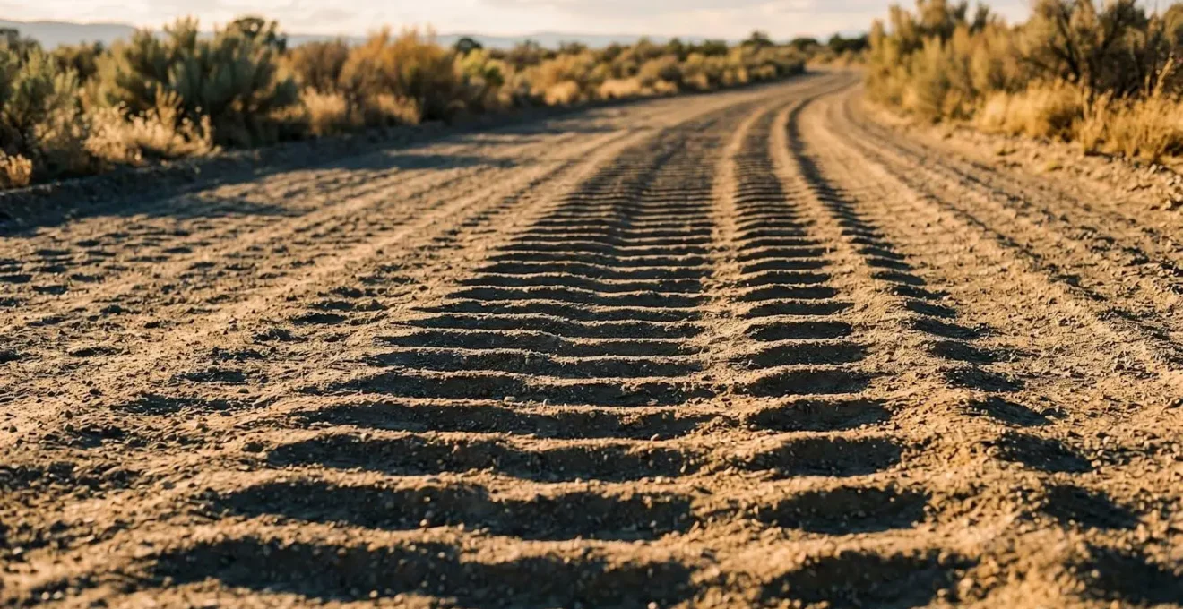 Close-up view of repeating ripple pattern on unpaved washboard road surface showing distinct ridges