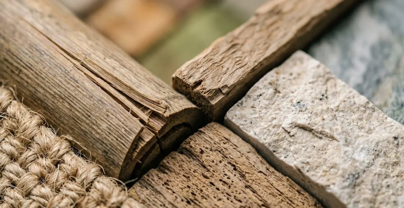 Close-up of sustainable building materials and natural textures representing quality investment