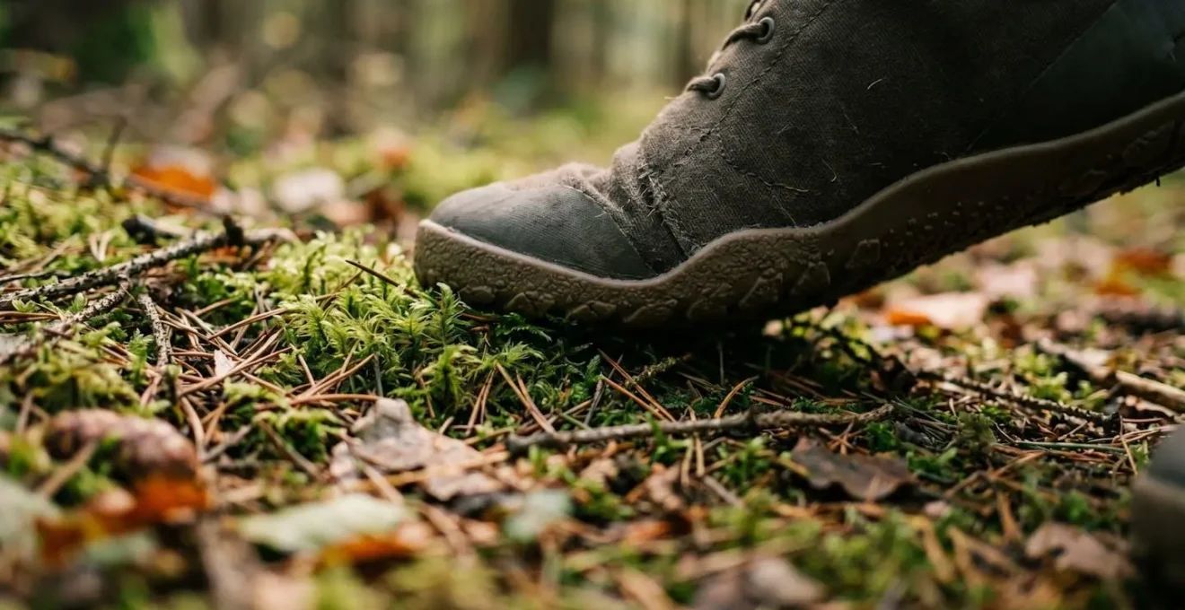 Close-up detail of foot placement demonstrating silent fox walking technique on forest floor