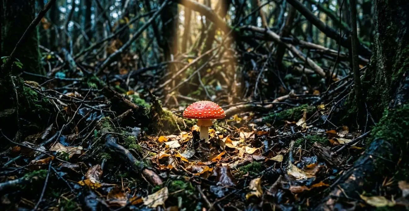 Isolated sunbeam spotlighting a single red mushroom on a dark forest floor surrounded by chaotic leaf litter