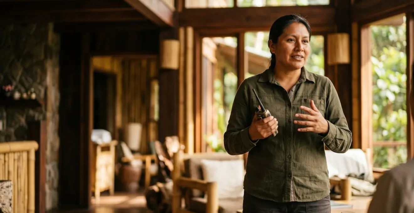 Local staff member in leadership role at eco-lodge demonstrating community empowerment