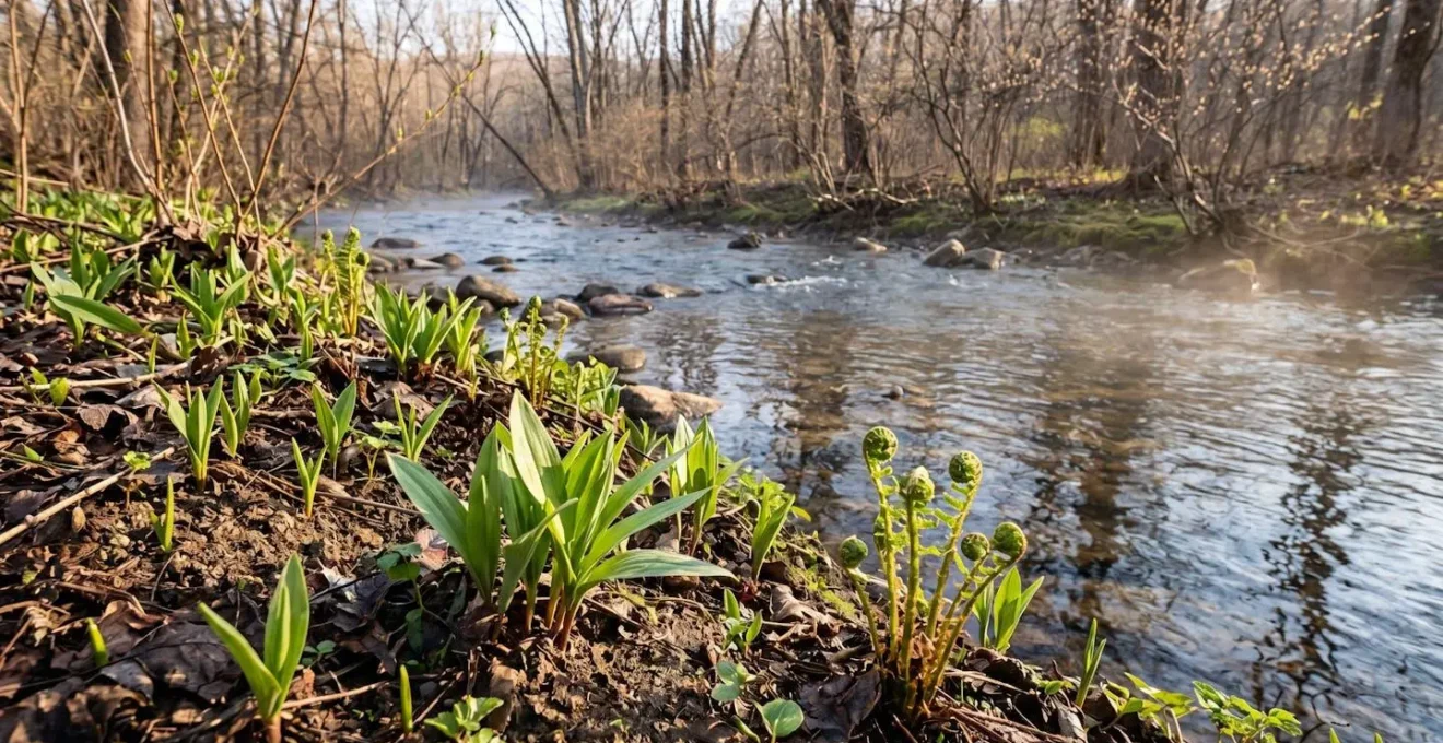 Environmental wide shot of early spring riparian zone showing tender green shoots emerging along riverbank in soft morning light