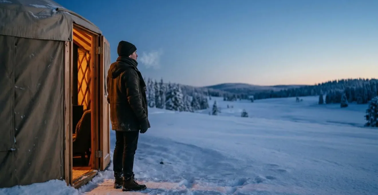 A peaceful human silhouette standing in the doorway of a warmly lit yurt at dusk, gazing out at an undisturbed snowy landscape with no other structures visible, conveying profound solitude and tranquility