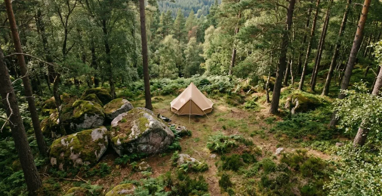 Secluded camping setup using natural landscape features for privacy and shelter