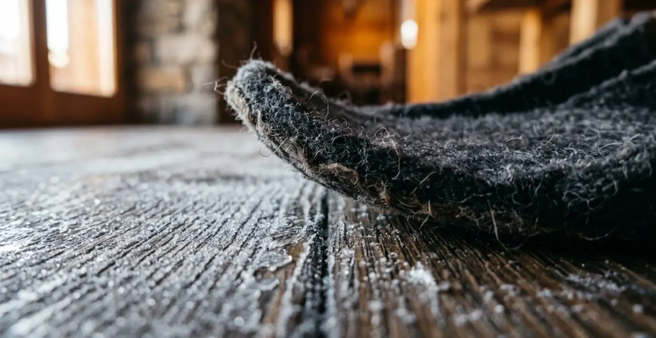 Extreme macro close-up of wool slipper fibers on a cold wooden floor with visible frost crystals forming on the surface, showing textural contrast between warm insulation and frozen wood grain