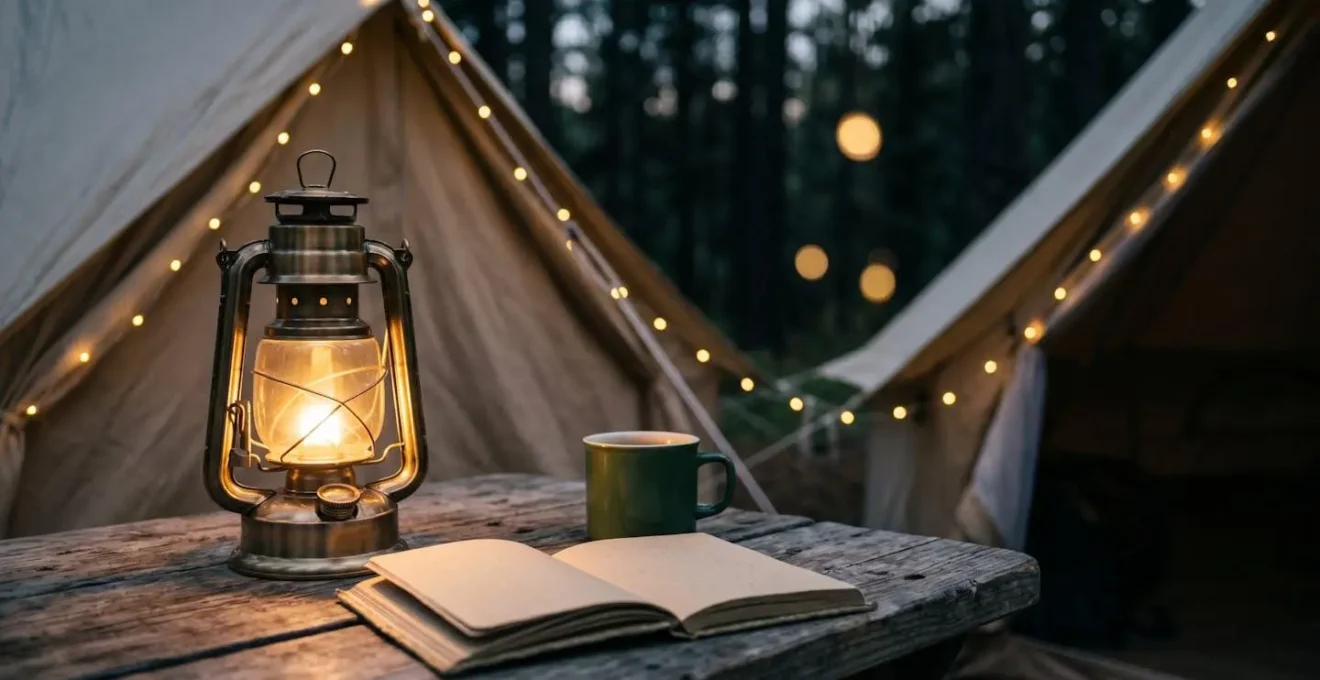 Thoughtfully layered camping lighting creating warm intimate atmosphere without visual clutter