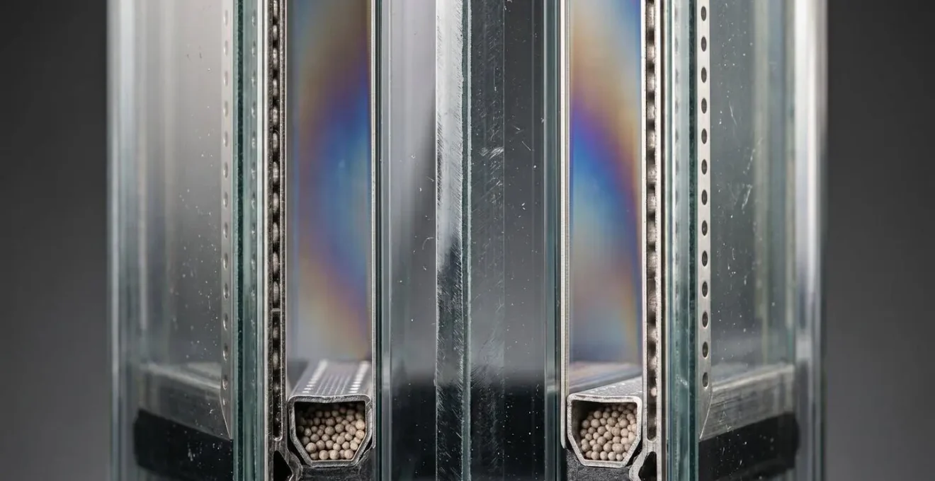 Close-up detail of advanced triple-glazed thermal glass structure showing argon-filled cavity technology