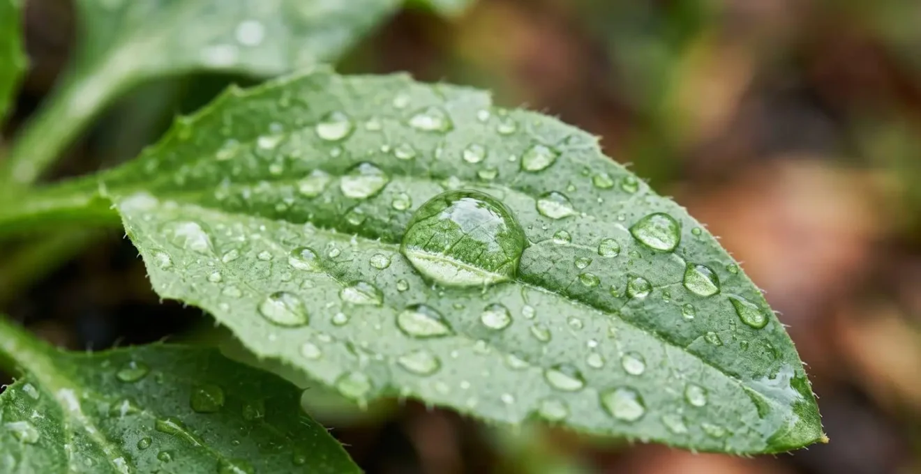 Macro close-up of water droplets on freshly harvested wild green leaves showing detailed surface texture and natural cleaning process