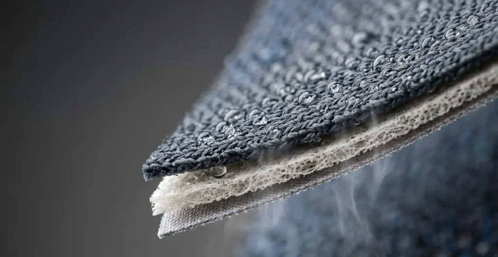 Visual representation of moisture vapor transport through waterproof breathable membrane Visual representation of moisture vapor transport through waterproof breathable membrane