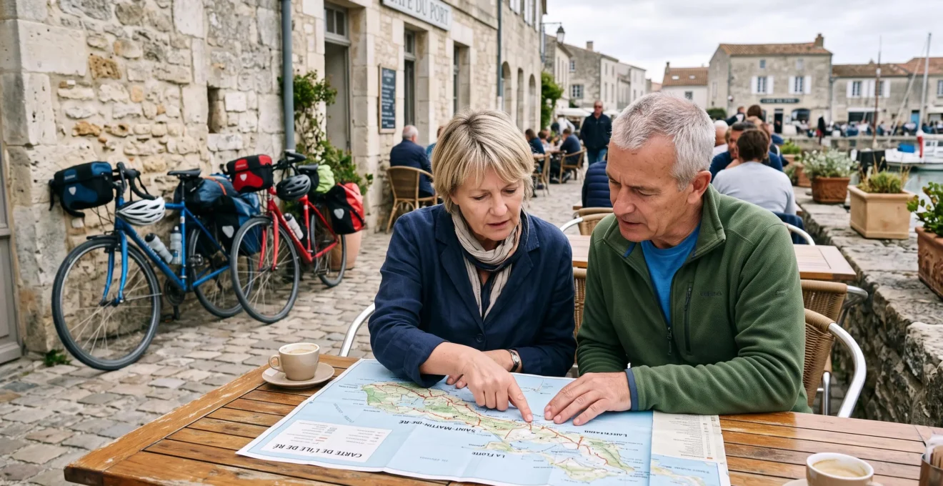 Two travellers study a paper island map at a café terrace with their bicycles parked beside them.