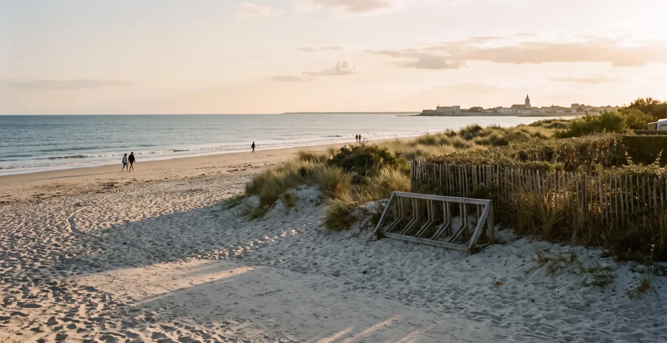 A quiet sandy beach in soft evening light with a few walkers near the dunes of Île de Ré.