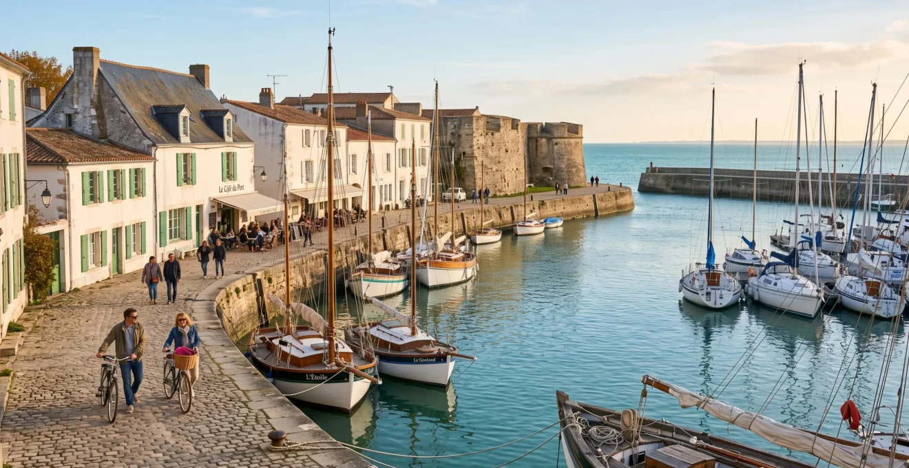 The stone harbour of Saint-Martin-de-Ré with sailboats, ramparts and whitewashed houses under warm light.