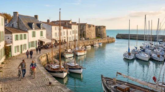 The stone harbour of Saint-Martin-de-Ré with sailboats, ramparts and whitewashed houses under warm light.